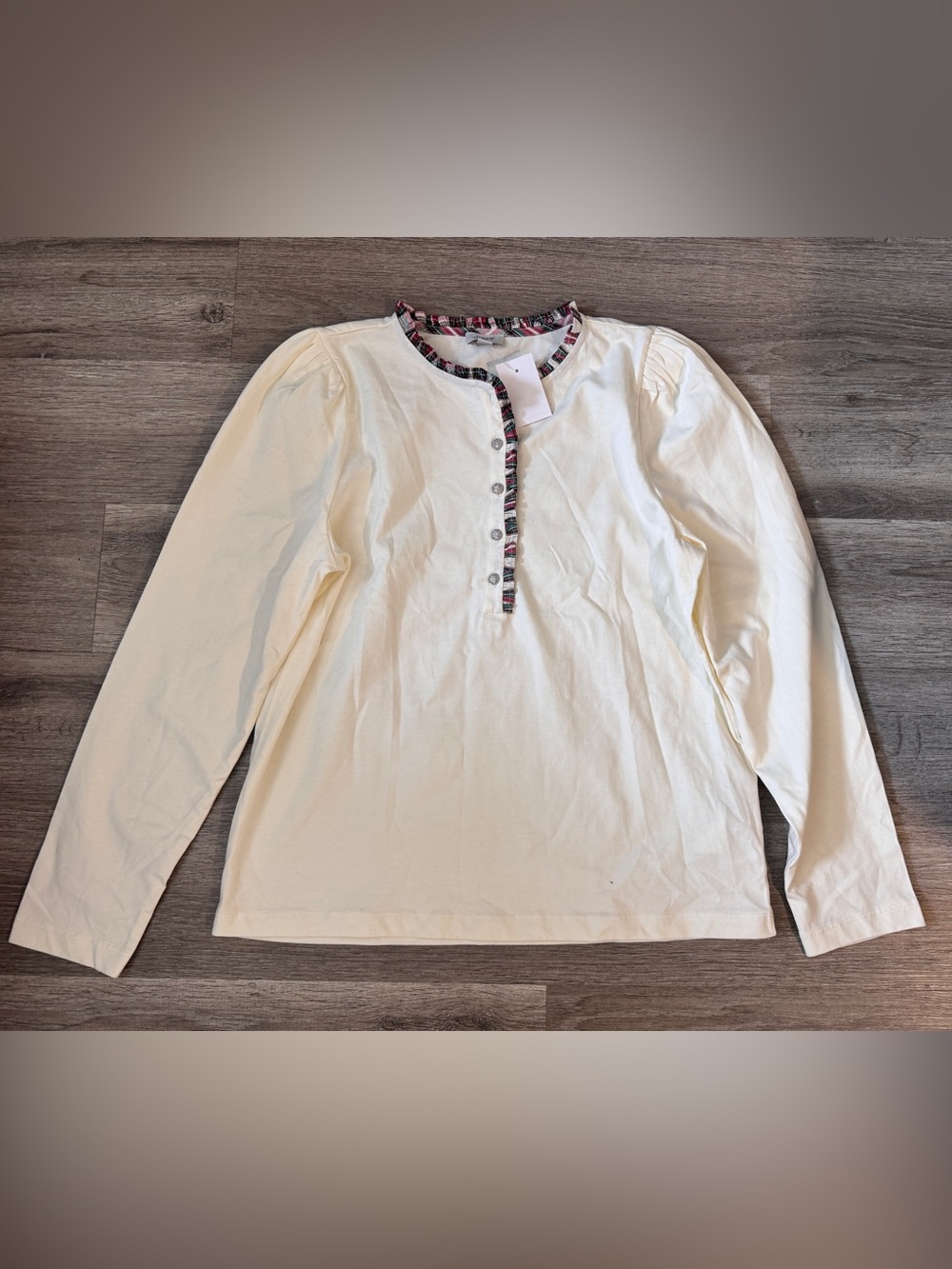 J. Crew Cream Long-Sleeve Henley with Plaid Trim